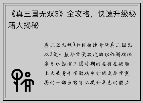 《真三国无双3》全攻略，快速升级秘籍大揭秘