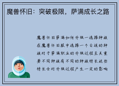 魔兽怀旧：突破极限，萨满成长之路
