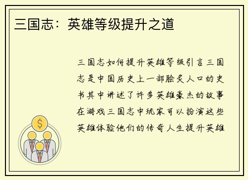 三国志：英雄等级提升之道