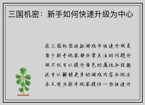 三国机密：新手如何快速升级为中心